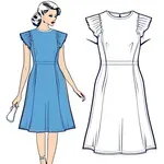 short-sleeve blue vintage dress with puffed shoulders and scalloped edges image